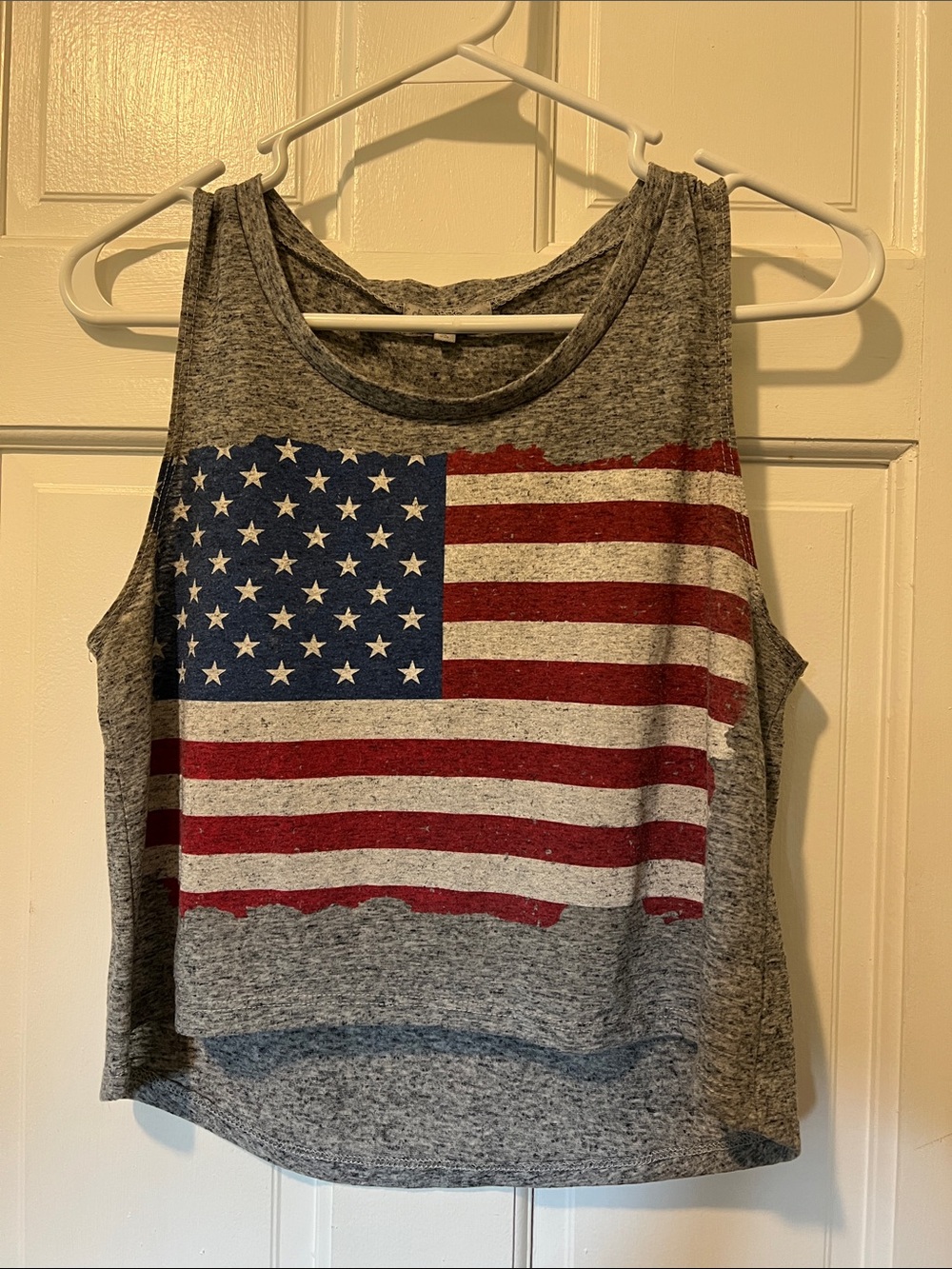 Charlotte Russe Gray Sleeveless Crop Tank with Red & Blue Flag Print